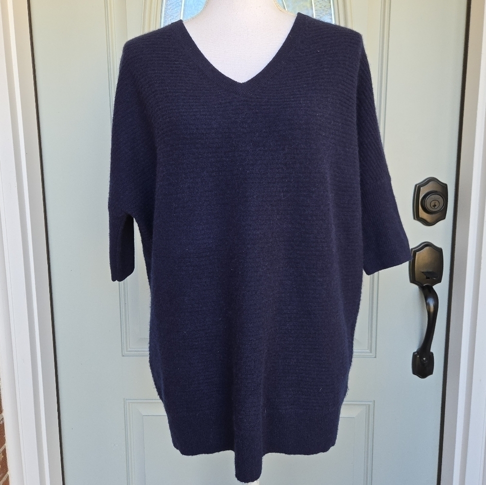 Saks Fifth Avenue Navy Oversized Short Sleeve V-Neck Cashmere Sweater